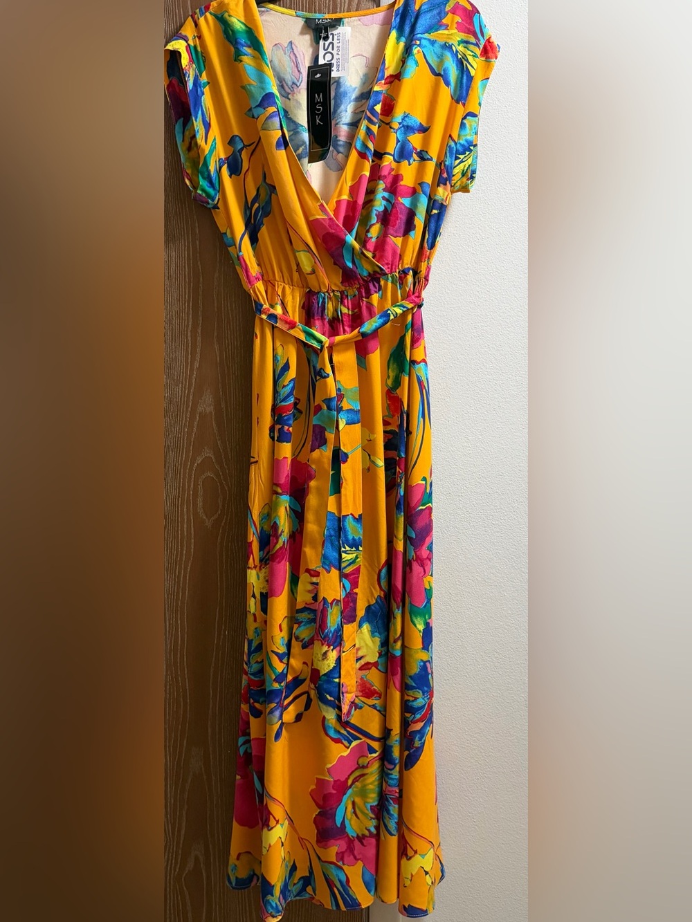 MSK Bright Yellow Floral Wrap Maxi Dress with Multicolor Print